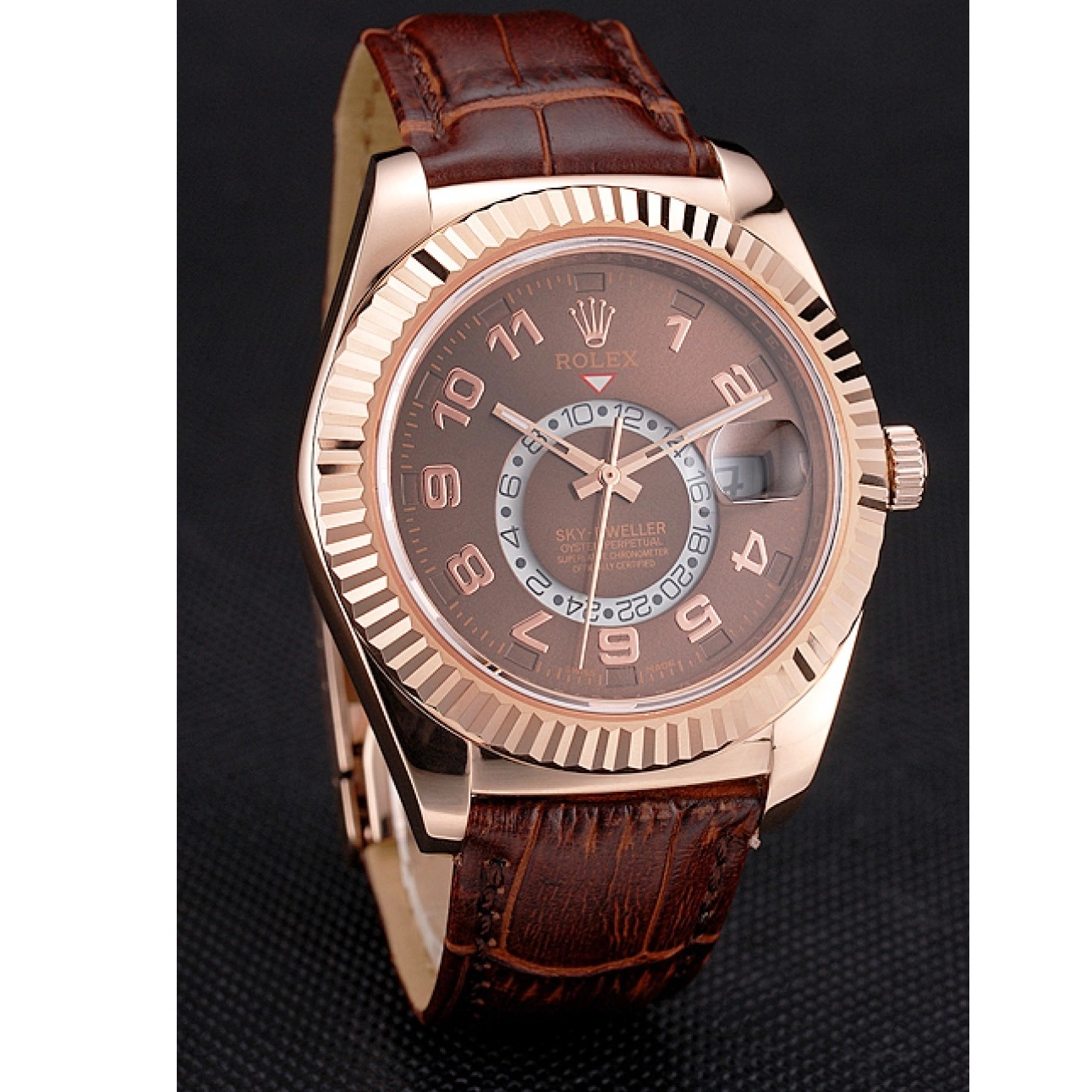 AAA Replica Watches Case Dweller Rolex Sky Brown Rose Dial Leather Brown Gold Strap 0527